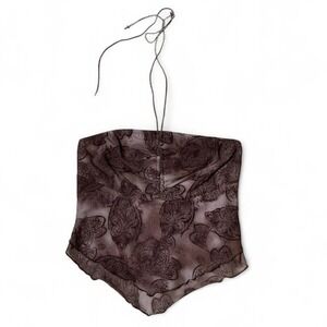 Y2K ROMWE Brown Paisley Halter‎ Neck Scarf Top XS Sheer Mesh Cropped